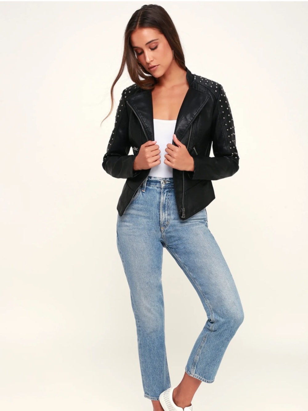 Lulu's Black Studded Vegan Leather Moto Jacket